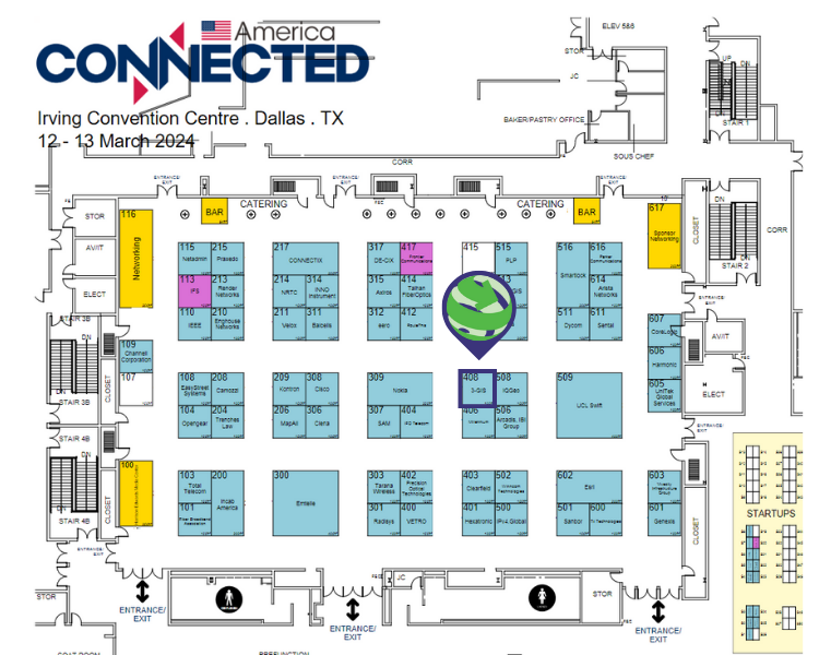 Floor plan for where to find 3-GIS at Connected America 2024