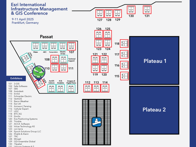 Floorplan image of where to find 3-GIS at Esri IMGIS International 2025 conference