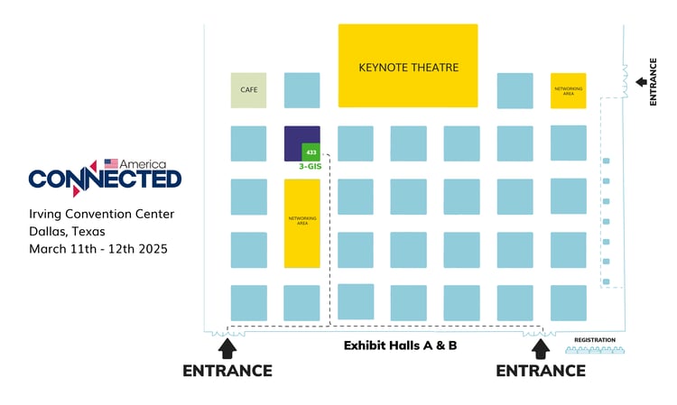 2025 Connected America floor plan with 3-GIS at booth 433